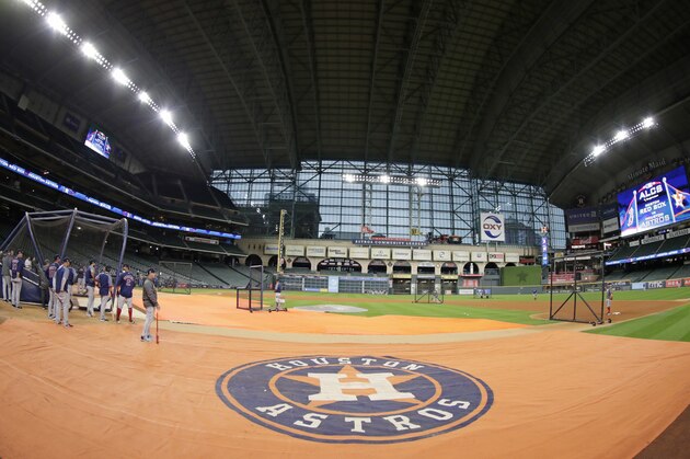 The Boston Red Sox work out at Minute Maid Park, Monday, Oct. 15, 2018, in Houston. The Red Sox are to face the Houston Astros in Game 3 of the baseball American League Championship Series, Tuesday, Oct. 16. (AP Photo/Frank Franklin II)