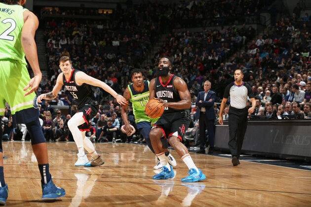 MINNEAPOLIS, MN -  NOVEMBER 16: James Harden #13 of the Houston Rockets shoots the ball during a game against the Minnesota Timberwolves on November 16, 2019 at Target Center in Minneapolis, Minnesota. NOTE TO USER: User expressly acknowledges and agrees that, by downloading and or using this Photograph, user is consenting to the terms and conditions of the Getty Images License Agreement. Mandatory Copyright Notice: Copyright 2019 NBAE (Photo by David Sherman/NBAE via Getty Images)
