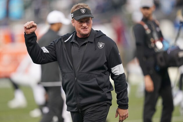 OAKLAND, CALIFORNIA - NOVEMBER 07: Head coach Jon Gruden of the Oakland Raiders looks on during pregame warm ups prior to the start of an NFL football game against the Los Angeles Chargers at RingCentral Coliseum on November 07, 2019 in Oakland, California. (Photo by Thearon W. Henderson/Getty Images)