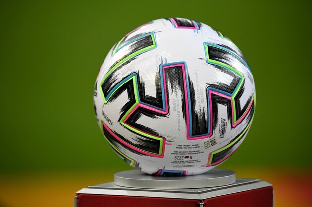 A picture taken on November 16, 2019 shows an Uniforia Official Match Ball for the UEFA Euro 2020 before the Group C qualification football match between Germany and Belarus, in Moenchengladbach. (Photo by INA FASSBENDER / AFP) (Photo by INA FASSBENDER/AFP via Getty Images)