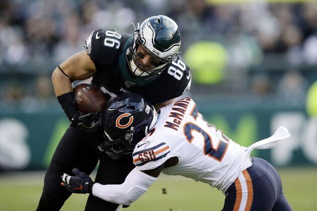 Philadelphia Eagles' Zach Ertz, left, is tackled by Chicago Bears' Sherrick McManis during the second half of an NFL football game, Sunday, Nov. 3, 2019, in Philadelphia. (AP Photo/Matt Rourke)