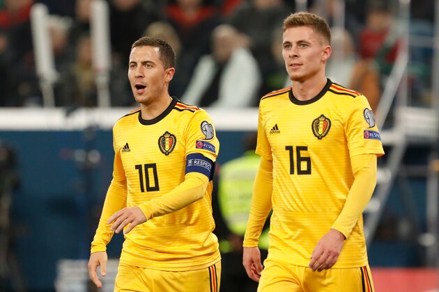 SAINT PETERSBURG, RUSSIA - NOVEMBER 16: Eden Hazard (L) and Thorgan Hazard of Belgium during the UEFA Euro 2020 Qualifier between Russia and Belgium on November 16, 2019 in Saint Petersburg, Russia. (Photo by Mike Kireev/MB Media/Getty Images)