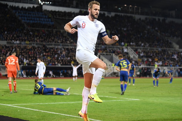 PRISTINA, KOSOVO - NOVEMBER 17:  Harry Kane of England celebrates after scoring his team's second goal during the UEFA Euro 2020 Qualifier between Kosovo and England at the Pristina City Stadium on November 17, 2019 in Pristina, Kosovo. (Photo by Michael Regan/Getty Images)