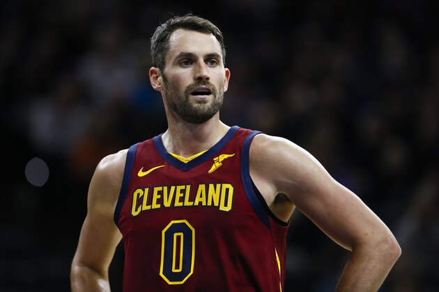 Cleveland Cavaliers' Kevin Love coaches during an NBA basketball game against the Philadelphia 76ers, Tuesday, Nov. 12, 2019, in Philadelphia. (AP Photo/Matt Slocum)