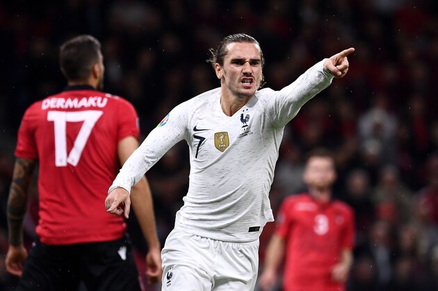 France's forward Antoine Griezmann celebrates his goal during the Euro 2020 Group H football qualification match between Albania and France at the Air Albania Stadium in Tirana, on November 17, 2019. (Photo by FRANCK FIFE / AFP) (Photo by FRANCK FIFE/AFP via Getty Images) France's forward Antoine Griezmann celebrates his goal during the Euro 2020 Group H football qualification match between Albania and France at the Air Albania Stadium in Tirana, on November 17, 2019. (Photo by FRANCK FIFE / AFP) (Photo by FRANCK FIFE/AFP via Getty Images)