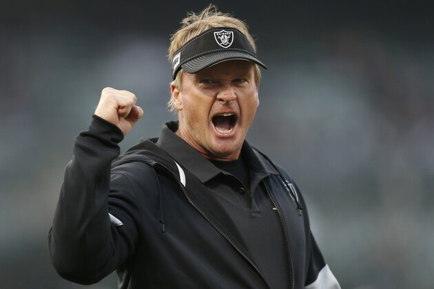 Oakland Raiders coach Jon Gruden gestures before the team's NFL football game against the Los Angeles Chargers in Oakland, Calif., Thursday, Nov. 7, 2019. (AP Photo/D. Ross Cameron)