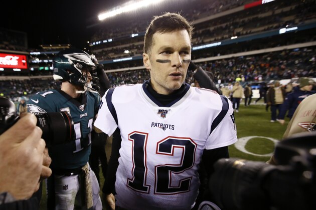 New England Patriots' Tom Brady walks the field after an NFL football game against the Philadelphia Eagles, Sunday, Nov. 17, 2019, in Philadelphia. New England won 17-10. (AP Photo/Michael Perez)