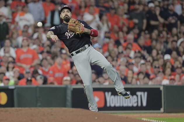 Washington Nationals' Anthony Rendon throws out Houston Astros' George Springer during the third inning of Game 6 of the baseball World Series Tuesday, Oct. 29, 2019, in Houston. (AP Photo/David J. Phillip)