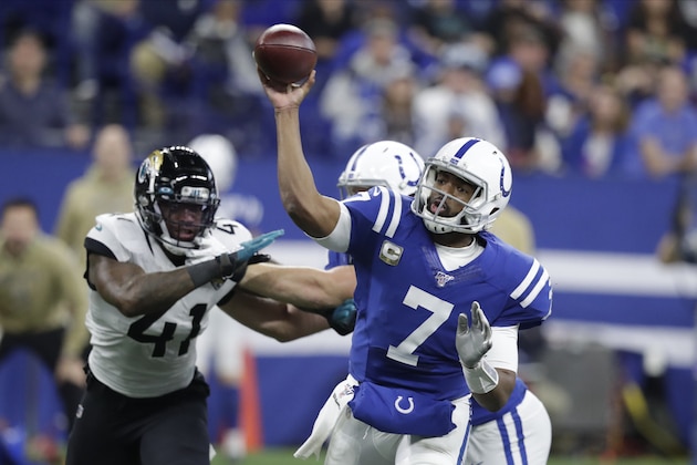 Indianapolis Colts quarterback Jacoby Brissett (7) throws during the first half of an NFL football game against the Jacksonville Jaguars, Sunday, Nov. 17, 2019, in Indianapolis. (AP Photo/Michael Conroy)