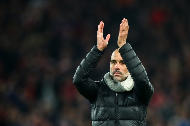 LIVERPOOL, ENGLAND - NOVEMBER 10: A dejected Pep Guardiola the head coach / manager of Manchester City applauds the fans at full time during the Premier League match between Liverpool FC and Manchester City at Anfield on November 10, 2019 in Liverpool, United Kingdom. (Photo by Robbie Jay Barratt - AMA/Getty Images)