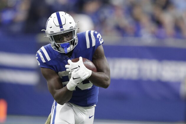 Indianapolis Colts' Marlon Mack (25) runs during the second half of an NFL football game against the Jacksonville Jaguars, Sunday, Nov. 17, 2019, in Indianapolis. (AP Photo/Michael Conroy)