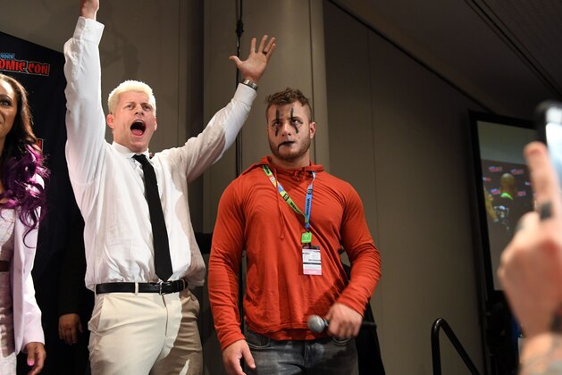 NEW YORK, NEW YORK - OCTOBER 04: (L-R) Cody Rhodes and Maxwell Jacob Friedman aka MJF make a surprise appearance during the All Elite Wrestling panel during 2019 New York Comic Con at Jacob Javits Center on October 04, 2019 in New York City. (Photo by Noam Galai/Getty Images for WarnerMedia Company)
