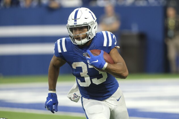 Indianapolis Colts' Jonathan Williams (33) runs during the second half of an NFL football game against the Jacksonville Jaguars, Sunday, Nov. 17, 2019, in Indianapolis. (AP Photo/AJ Mast)