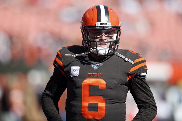 Cleveland Browns quarterback Baker Mayfield (6) waits on the field before an NFL football game against the Seattle Seahawks, Sunday, Oct. 13, 2019, in Cleveland. (Jeff Haynes/AP Images for Panini)