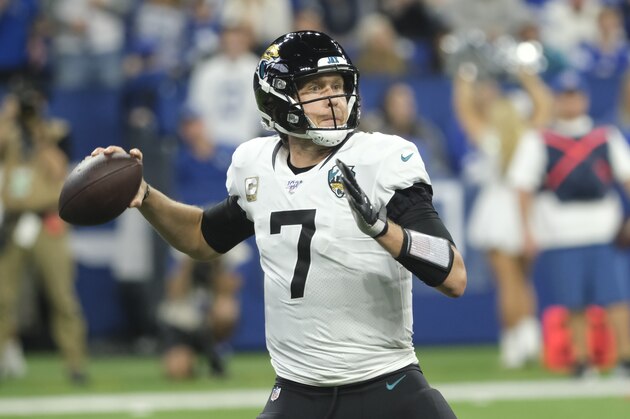 Jacksonville Jaguars quarterback Nick Foles (7) throws during the second half of an NFL football game against the Indianapolis Colts, Sunday, Nov. 17, 2019, in Indianapolis. (AP Photo/AJ Mast)
