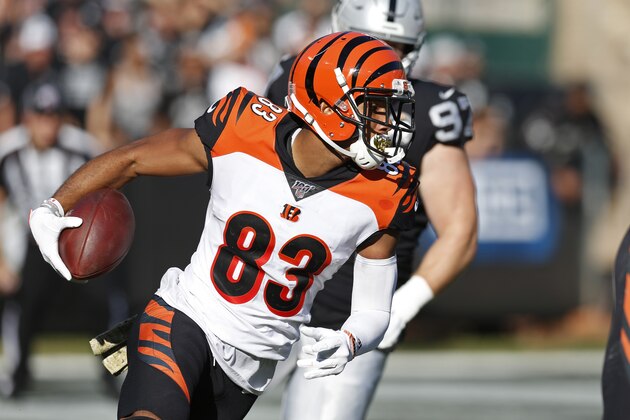 Cincinnati Bengals wide receiver Tyler Boyd (83) during the first half of an NFL football game against the Oakland Raiders in Oakland, Calif., Sunday, Nov. 17, 2019. (AP Photo/D. Ross Cameron)