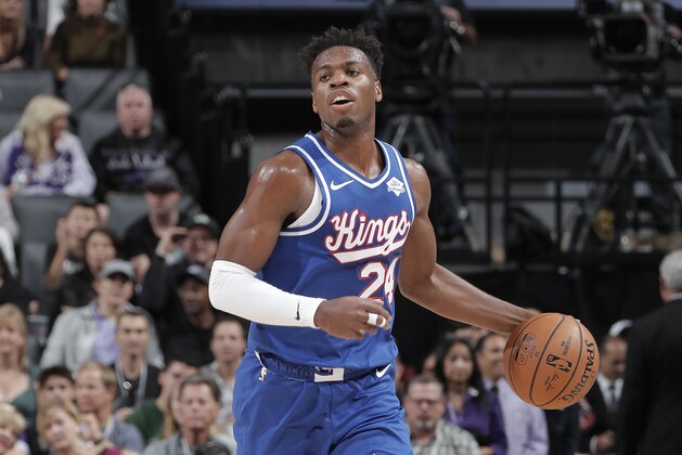 SACRAMENTO, CA - NOVEMBER 17: Buddy Hield #24 of the Sacramento Kings handles the ball against the Boston Celtics on November 17, 2019 at Golden 1 Center in Sacramento, California. NOTE TO USER: User expressly acknowledges and agrees that, by downloading and or using this Photograph, user is consenting to the terms and conditions of the Getty Images License Agreement. Mandatory Copyright Notice: Copyright 2019 NBAE (Photo by Rocky Widner/NBAE via Getty Images)