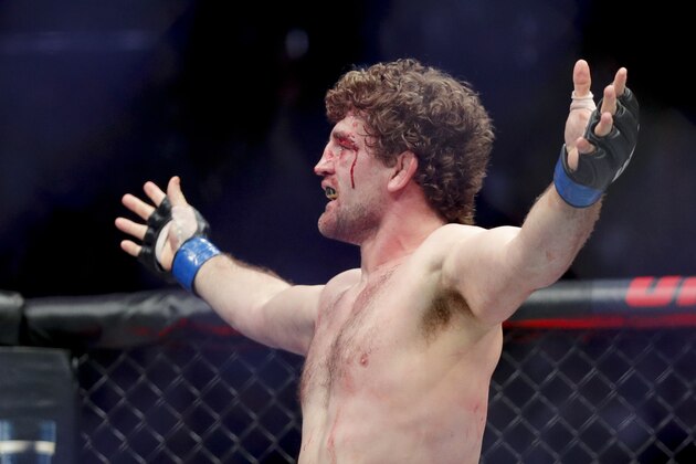 Ben Askren celebrates after beating Robbie Lawler in a welterweight mixed martial arts bout at UFC 235, Saturday, March 2, 2019, in Las Vegas. (AP Photo/John Locher)