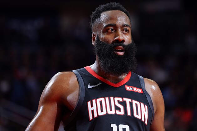 HOUSTON, TX - NOVEMBER 18: James Harden #13 of the Houston Rockets looks on during the game against the Portland Trail Blazers on November 18, 2019 at the Toyota Center in Houston, Texas. NOTE TO USER: User expressly acknowledges and agrees that, by downloading and or using this photograph, User is consenting to the terms and conditions of the Getty Images License Agreement. Mandatory Copyright Notice: Copyright 2019 NBAE (Photo by Cato Cataldo/NBAE via Getty Images)