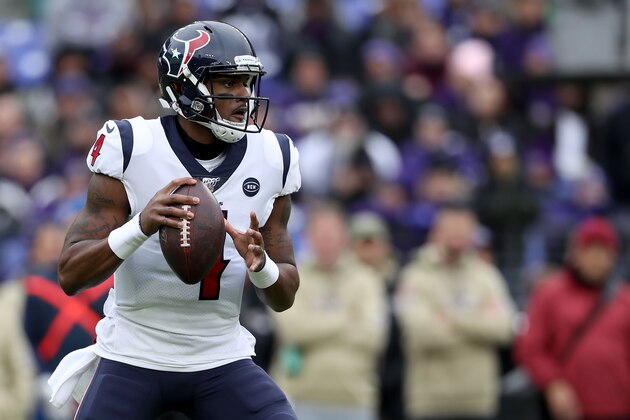 BALTIMORE, MARYLAND - NOVEMBER 17: Quarterback Deshaun Watson #4 of the Houston Texans throws a pass against the Baltimore Ravens at M&T Bank Stadium on November 17, 2019 in Baltimore, Maryland. (Photo by Rob Carr/Getty Images)