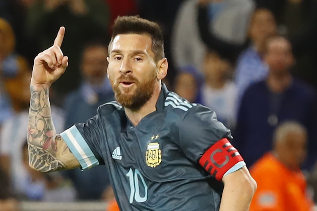 Argentina's forward Lionel Messi celebrates during the friendly football match between Argentina and Uruguay at the Bloomfield stadium in the Israeli coastal city of Tel Aviv on November 18, 2019. (Photo by Jack GUEZ / AFP) (Photo by JACK GUEZ/AFP via Getty Images)