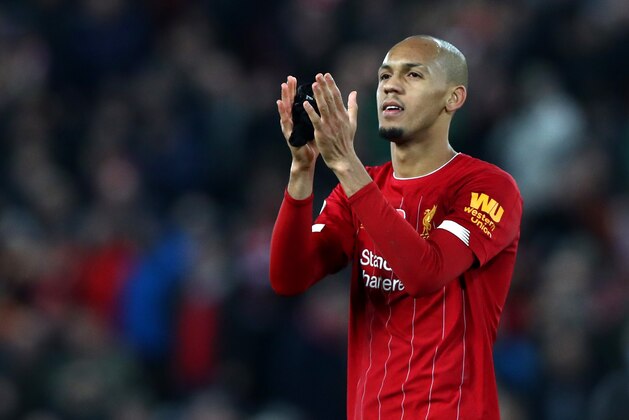 LIVERPOOL, ENGLAND - NOVEMBER 10: Fabinho of Liverpool applauds the fans after the Premier League match between Liverpool FC and Manchester City at Anfield on November 10, 2019 in Liverpool, United Kingdom. (Photo by Chloe Knott - Danehouse/Getty Images)