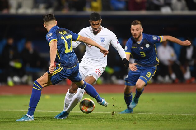 PRISTINA, KOSOVO - NOVEMBER 17: Marcus Rashford of England in action during the UEFA Euro 2020 Qualifier between Kosovo and England on November 17, 2019 in Pristina, Kosovo. (Photo by Michael Regan/Getty Images)