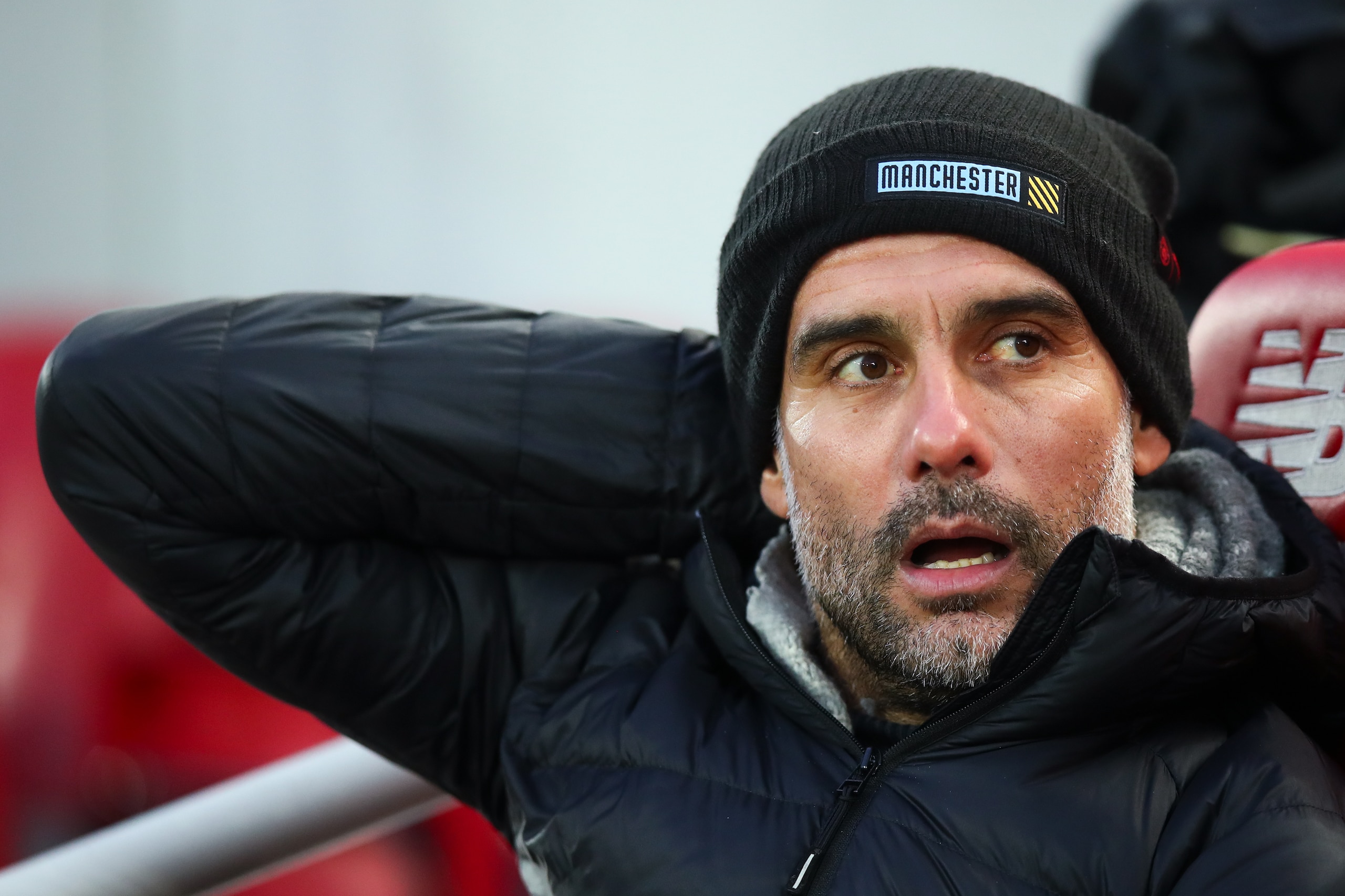 LIVERPOOL, ENGLAND - NOVEMBER 10: Pep Guardiola the head coach / manager of Manchester City during the Premier League match between Liverpool FC and Manchester City at Anfield on November 10, 2019 in Liverpool, United Kingdom. (Photo by Robbie Jay Barratt - AMA/Getty Images) LIVERPOOL, ENGLAND - NOVEMBER 10: Pep Guardiola the head coach / manager of Manchester City during the Premier League match between Liverpool FC and Manchester City at Anfield on November 10, 2019 in Liverpool, United Kingdom. (Photo by Robbie Jay Barratt - AMA/Getty Images)