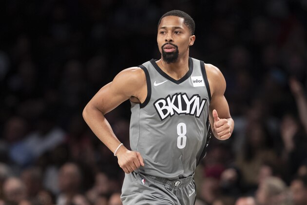 Brooklyn Nets guard Spencer Dinwiddie runs down court during the first half of an NBA basketball game against the New Orleans Pelicans, Monday, Nov. 4, 2019, in New York. (AP Photo/Mary Altaffer)