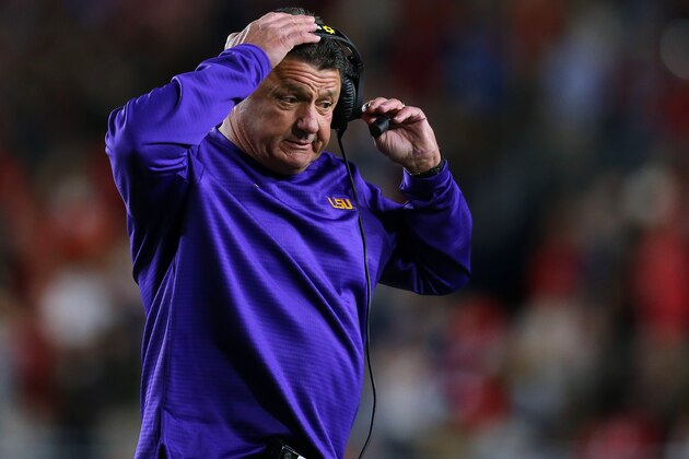 OXFORD, MISSISSIPPI - NOVEMBER 16: Head coach Ed Orgeron of the LSU Tigers reacts during a game against the Mississippi Rebels at Vaught-Hemingway Stadium on November 16, 2019 in Oxford, Mississippi. (Photo by Jonathan Bachman/Getty Images)