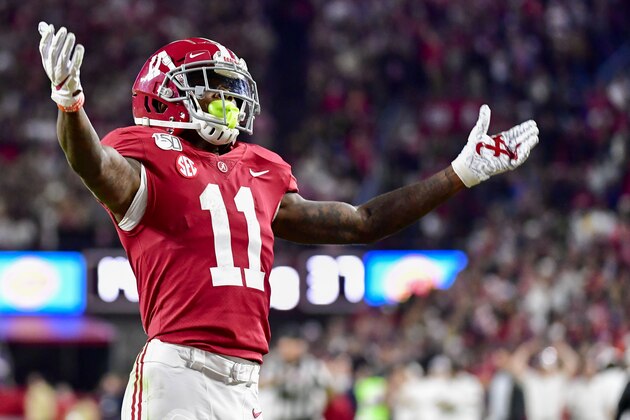 Alabama wide receiver Henry Ruggs III (11) salutes the fans against LSU during the second half of an NCAA football game Saturday, Nov. 9, 2019, in Tuscaloosa, Ala. LSU won 46-41. (AP Photo/Vasha Hunt)