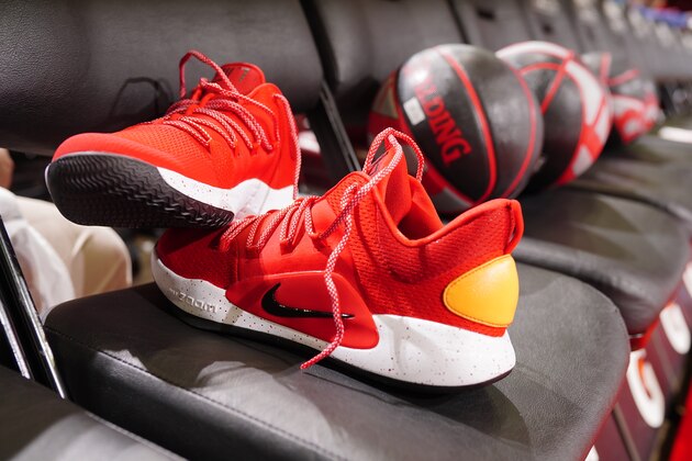 HOUSTON, TX - NOVEMBER 15: A close up pf the sneakers of PJ Tucker #17 of the Houston Rockets prior to a game against the Indiana Pacers  on November 15, 2019 at the Toyota Center in Houston, Texas. NOTE TO USER: User expressly acknowledges and agrees that, by downloading and or using this photograph, User is consenting to the terms and conditions of the Getty Images License Agreement. Mandatory Copyright Notice: Copyright 2019 NBAE (Photo by Cato Cataldo/NBAE via Getty Images)