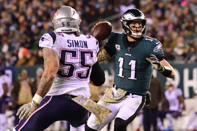 PHILADELPHIA, PA - NOVEMBER 17: Carson Wentz #11 of the Philadelphia Eagles looks to pass against John Simon #55 of the New England Patriots during the second quarter against the New England Patriots at Lincoln Financial Field on November 17, 2019 in Philadelphia, Pennsylvania. (Photo by Corey Perrine/Getty Images)
