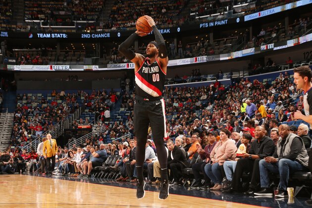 NEW ORLEANS, LA - NOVEMBER 19: Carmelo Anthony #00 of the Portland Trail Blazers shoots a three-pointer against the New Orleans Pelicans on November 19, 2019 at Smoothie King Center in New Orleans, Louisiana. NOTE TO USER: User expressly acknowledges and agrees that, by downloading and/or using this photograph, User is consenting to the terms and conditions of the Getty Images License Agreement. Mandatory Copyright Notice: Copyright 2019 NBAE (Photo by Layne Murdoch Jr./NBAE via Getty Images)