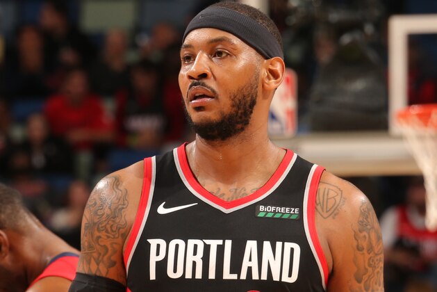 NEW ORLEANS, LA - NOVEMBER 19: Carmelo Anthony #00 of the Portland Trail Blazers looks on during a game against the New Orleans Pelicans on November 19, 2019 at Smoothie King Center in New Orleans, Louisiana. NOTE TO USER: User expressly acknowledges and agrees that, by downloading and/or using this photograph, User is consenting to the terms and conditions of the Getty Images License Agreement. Mandatory Copyright Notice: Copyright 2019 NBAE (Photo by Layne Murdoch Jr./NBAE via Getty Images)