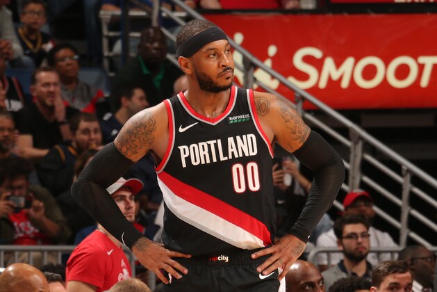 NEW ORLEANS, LA - NOVEMBER 19: Carmelo Anthony #00 of the Portland Trail Blazers looks on during a game against the New Orleans Pelicans on November 19, 2019 at Smoothie King Center in New Orleans, Louisiana. NOTE TO USER: User expressly acknowledges and agrees that, by downloading and/or using this photograph, User is consenting to the terms and conditions of the Getty Images License Agreement. Mandatory Copyright Notice: Copyright 2019 NBAE (Photo by Layne Murdoch Jr./NBAE via Getty Images)