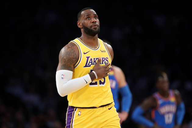 LOS ANGELES, CALIFORNIA - NOVEMBER 19: LeBron James #23 of the Los Angeles Lakers looks on after making a shot during the first half of a game against the Oklahoma City Thunder at Staples Center on November 19, 2019 in Los Angeles, California. NOTE TO USER: User expressly acknowledges and agrees that, by downloading and/or using this photograph, user is consenting to the terms and conditions of the Getty Images License Agreement (Photo by Sean M. Haffey/Getty Images) LOS ANGELES, CALIFORNIA - NOVEMBER 19: LeBron James #23 of the Los Angeles Lakers looks on after making a shot during the first half of a game against the Oklahoma City Thunder at Staples Center on November 19, 2019 in Los Angeles, California. NOTE TO USER: User expressly acknowledges and agrees that, by downloading and/or using this photograph, user is consenting to the terms and conditions of the Getty Images License Agreement (Photo by Sean M. Haffey/Getty Images)