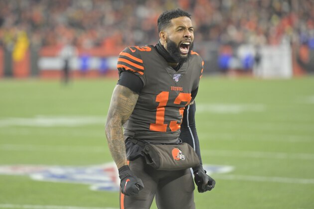 Cleveland Browns wide receiver Odell Beckham Jr. (13) celebrates in the second quarter of an NFL football game against the Pittsburgh Steelers, Thursday, Nov. 14, 2019, in Cleveland. The Browns won 21-7. (AP Photo/David Richard)