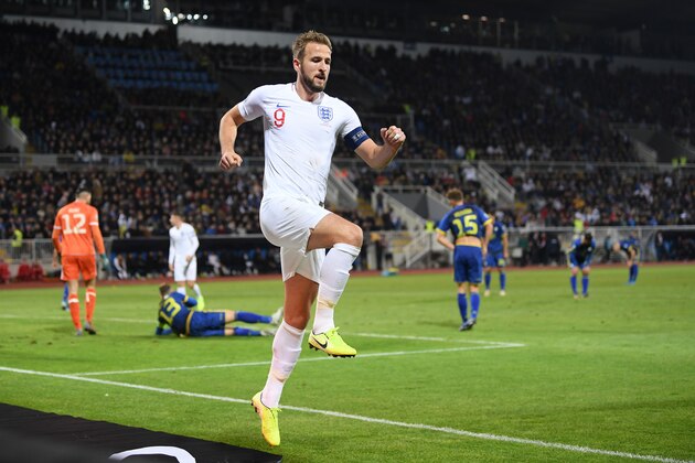 PRISTINA, KOSOVO - NOVEMBER 17: Harry Kane of England celebrates his goal to make it 2-0 during the UEFA Euro 2020 Qualifier between Kosovo and England on November 17, 2019 in Pristina, Kosovo. (Photo by Michael Regan/Getty Images)