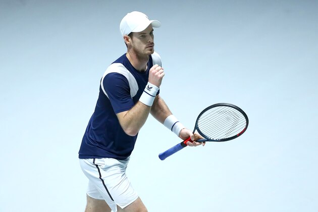 MADRID, SPAIN - NOVEMBER 20: Andy Murray of Great Britain celebrates match point during his Davis Cup Group Stage match against Tallon Griekspoor of the Netherlands during Day Three of the 2019 Davis Cup at La Caja Magica on November 20, 2019 in Madrid, Spain. (Photo by Clive Brunskill/Getty Images for LTA)
