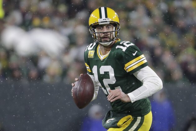 Green Bay Packers' Aaron Rodgers looks to pass during the second half of an NFL football game against the Carolina Panthers Sunday, Nov. 10, 2019, in Green Bay, Wis. (AP Photo/Morry Gash)