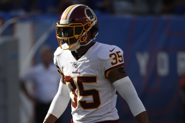 Washington Redskins strong safety Montae Nicholson (35) lines up against the New York Giants during an NFL football game, Sunday, Sept. 29, 2019, in East Rutherford, N.J. The Giants won the game 24-3. (Jeff Haynes/AP Images for Panini)