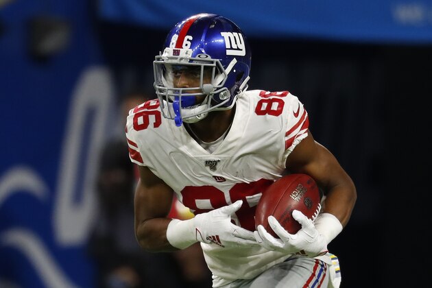 New York Giants wide receiver Darius Slayton runs the ball against the Detroit Lions during an NFL football game in Detroit, Sunday, Oct. 27, 2019. (AP Photo/Paul Sancya)