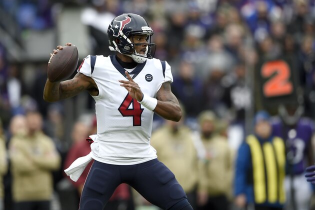 Houston Texans quarterback Deshaun Watson throws a pass against the Baltimore Ravens prior to an NFL football game, Sunday, Nov. 17, 2019, in Baltimore. (AP Photo/Gail Burton)
