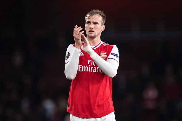 LONDON, ENGLAND - OCTOBER 03: Rob Holding of Arsenal FC during the UEFA Europa League group F match between Arsenal FC and Standard Liege at Emirates Stadium on October 3, 2019 in London, United Kingdom. (Photo by Sebastian Frej/MB Media/Getty Images)