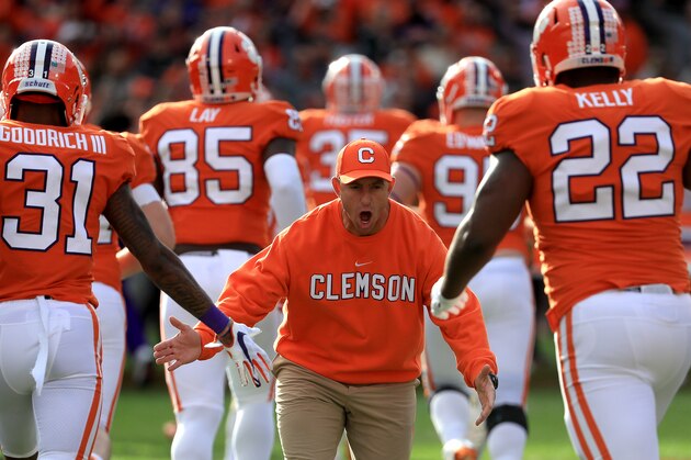 CLEMSON, SOUTH CAROLINA - NOVEMBER 16: Head coach Dabo Swinney of the Clemson Tigers reacts with players before their game against the Wake Forest Demon Deacons at Memorial Stadium on November 16, 2019 in Clemson, South Carolina. (Photo by Streeter Lecka/Getty Images)