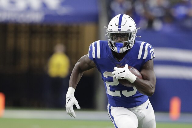 Indianapolis Colts' Marlon Mack (25) runs during the second half of an NFL football game against the Jacksonville Jaguars, Sunday, Nov. 17, 2019, in Indianapolis. (AP Photo/Michael Conroy)