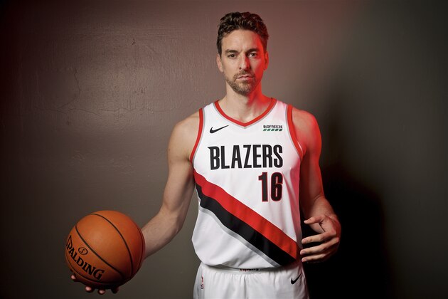 Portland Trail Blazers forward Pau Gasol poses during the NBA basketball team's media day at the Moda Center in Portland, Ore., Monday, Sept. 30, 2019. (AP Photo/Sam Ortega)