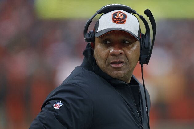 Cincinnati Bengals special assistant to the head coach Hue Jackson watches during the second half of an NFL football game against the Cleveland Browns, Sunday, Dec. 23, 2018, in Cleveland. (AP Photo/Ron Schwane)