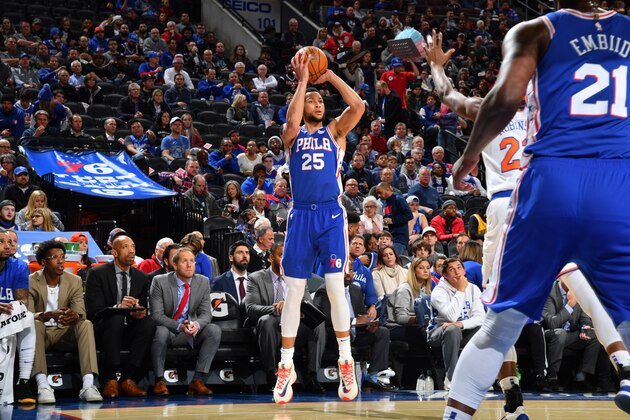 PHILADELPHIA, PA - NOVEMBER 20: Ben Simmons #25 of the Philadelphia 76ers shoots a three-pointer against the New York Knicks on November 20, 2019 at the Wells Fargo Center in Philadelphia, Pennsylvania NOTE TO USER: User expressly acknowledges and agrees that, by downloading and/or using this Photograph, user is consenting to the terms and conditions of the Getty Images License Agreement. Mandatory Copyright Notice: Copyright 2019 NBAE (Photo by Jesse D. Garrabrant/NBAE via Getty Images)